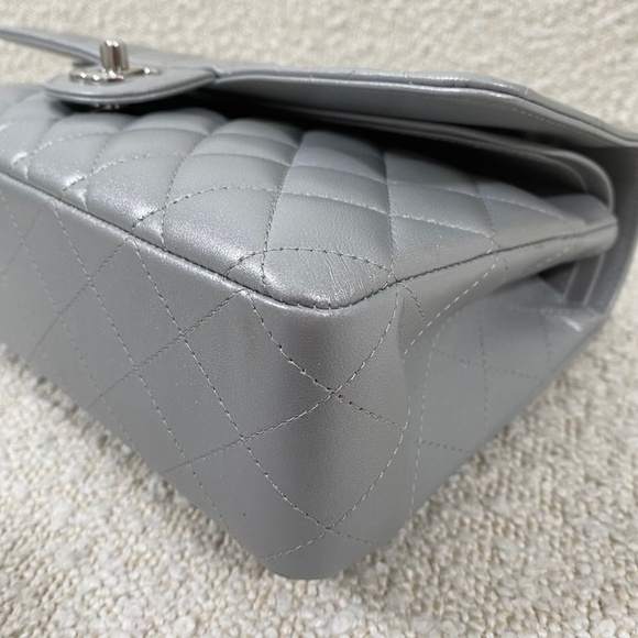 Authentic Chanel Classic Flap Bag Silver Lambskin Bag Medium - Picture 12 of 14
